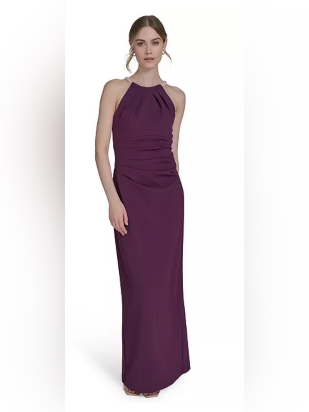 NWT Eliza J Plum Pearl Halter Ruched Gown Size 10